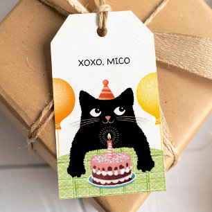 Happy Birthday party cat with cake and balloons Gift Tags