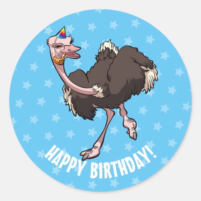 Happy Birthday Party Dancing Cartoon Ostrich Classic Round Sticker (Front)