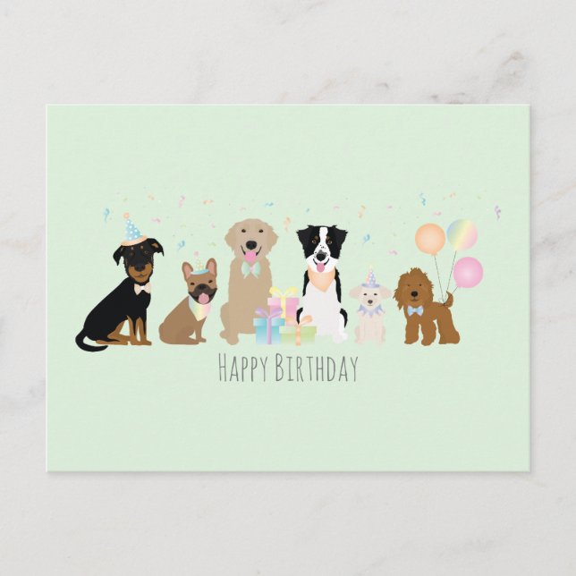 Happy Birthday Party Dogs Green Postcard (Front)