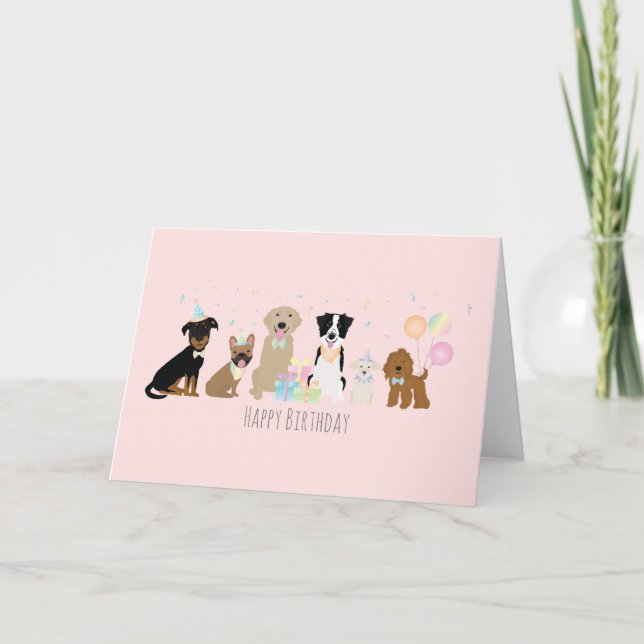 Happy Birthday Party Dogs Pink Card (Front)
