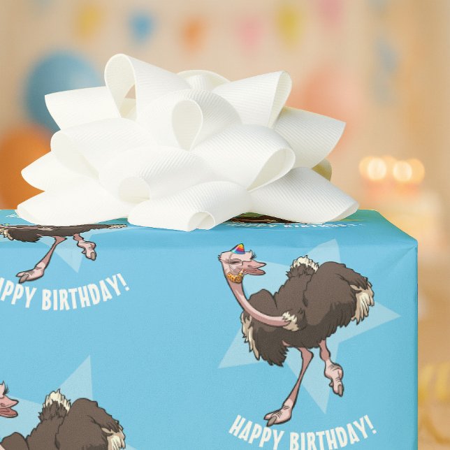 Happy Birthday Party Ostrich Dancing Cartoon Wrapping Paper (Creator Uploaded)