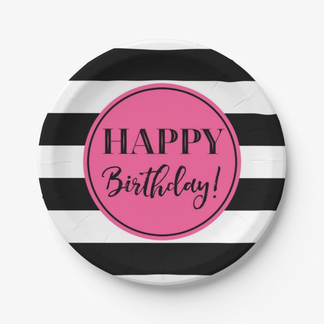 Happy Birthday Party Pink Black White Stripes Paper Plate (Front)
