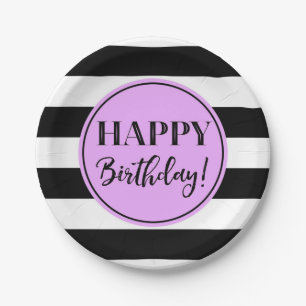 Happy Birthday Party Purple Black White Stripes Pa Paper Plate