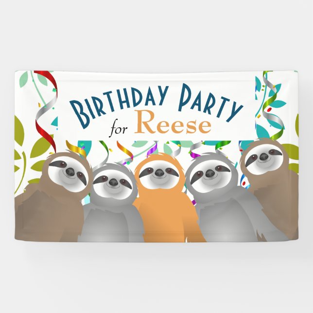 Happy Birthday Party Sloths with Twirled Streamers Banner (Horizontal)