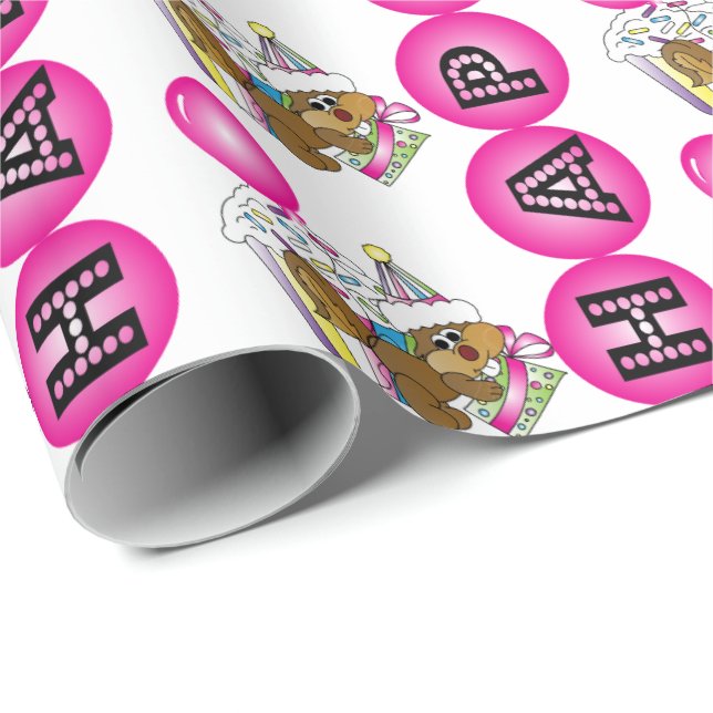 Happy Birthday Party Squirrel | Pink Wrapping Paper (Roll Corner)