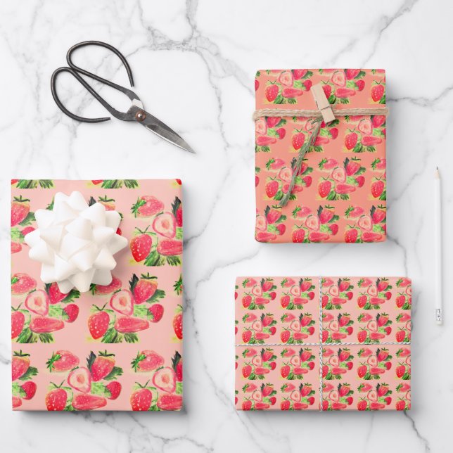 Happy Birthday Party Strawberry fruit Summer Wrapping Paper Sheet (Front)