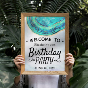 Happy Birthday Party Teal Gold Agate Geode Welcome Poster