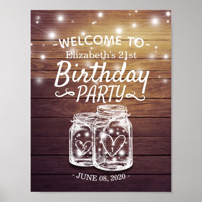 Happy Birthday Party Wood Mason Jar Lights Welcome Poster (Front)