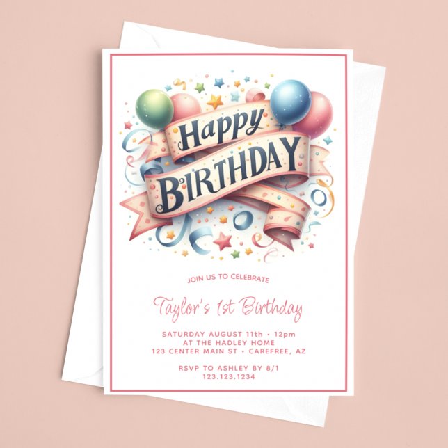 Happy Birthday Pastel Balloons 1st Birthday Invitation (Creator Uploaded)