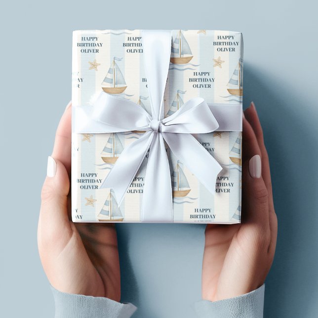 Happy Birthday  | Pastel Blue Sailboat Wrapping Paper (Creator Uploaded)