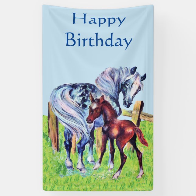 Happy Birthday Pastel Mother Horse Brown Baby Colt Banner (Vertical)