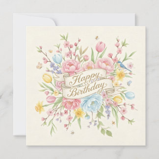 Happy Birthday Pastel Spring Flowers and Birds Card