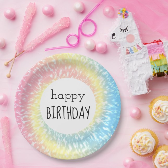Happy Birthday Pastel Tie Dye Hippie Swirl Paper Plate (Party)