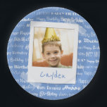 Happy Birthday Pattern Blue Party Kids Photo Fun Paper Plate<br><div class="desc">Happy Birthday Pattern Blue Party Kids Photo Personalised Birthday Party Paper Plates. Pattern of white script "Happy Birthday" repeated in on a light blue background. Customise to change background to another colour. Fun photo frame design appears to taped to paper plate. Name of child written on white underneath photo. Replace...</div>