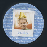 Happy Birthday Pattern Blue Party Kids Photo Fun Paper Plate<br><div class="desc">Happy Birthday Pattern Blue Party Kids Photo Personalised Birthday Party Paper Plates. Pattern of white script "Happy Birthday" repeated in on a light blue background. Customise to change background to another colour. Fun photo frame design appears to taped to paper plate. Name of child written on white underneath photo. Replace...</div>