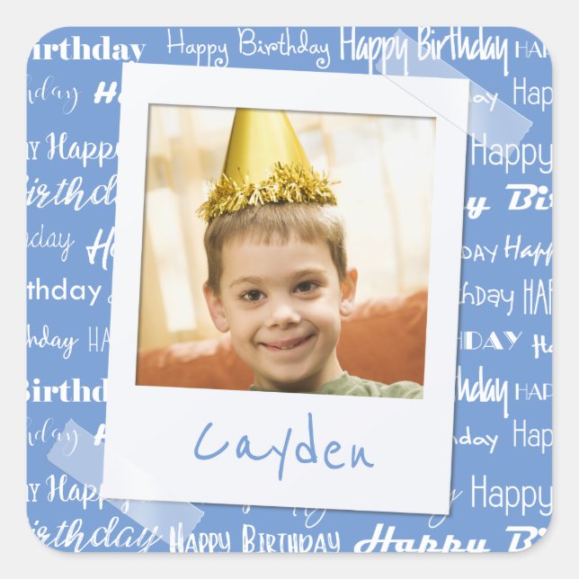 Happy Birthday Pattern Blue Party Kids Photo Square Sticker (Front)