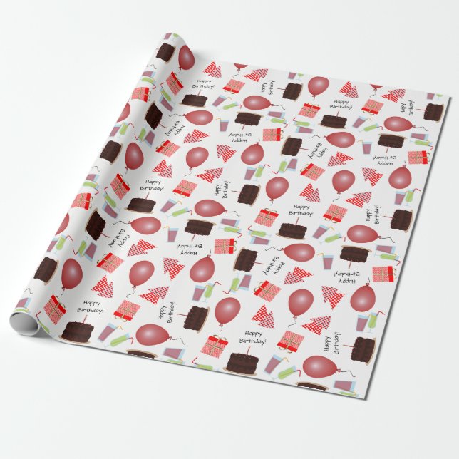 Happy Birthday Pattern in Red Wrapping Paper (Unrolled)