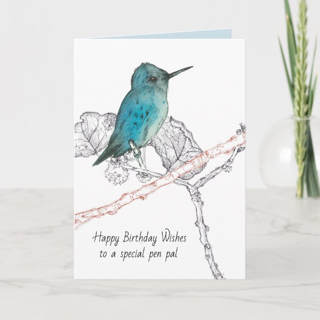 Happy Birthday Pen Pal Hummingbird In Tree Card (Front)