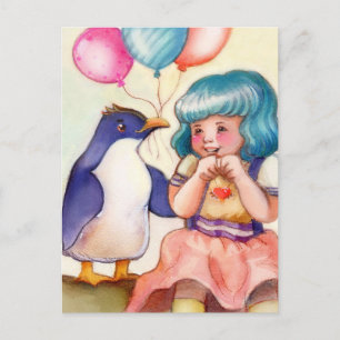 Happy Birthday Penguin and Girl Postcard