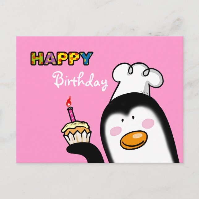 Happy Birthday penguin cupcake Postcard (Front)