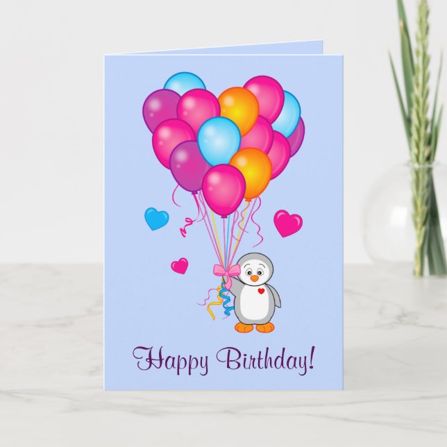 Happy Birthday: Penguin with Heart-Shaped Balloons Card (Front)