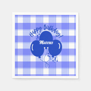 Happy Birthday Personalised Blue Balloons Checked  Napkin