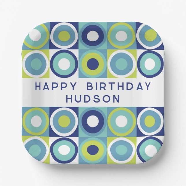 Happy Birthday Personalised Modern Geometric  Paper Plate (Front)