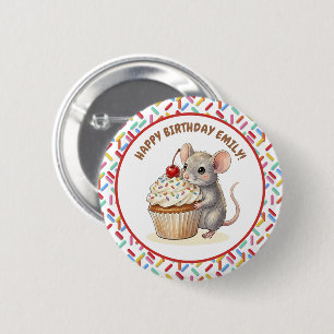 Happy Birthday Personalized Mouse & Cupcake Photo 6 Cm Round Badge