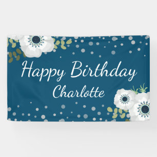 Happy Birthday Personalized Name Floral Blue Banner
