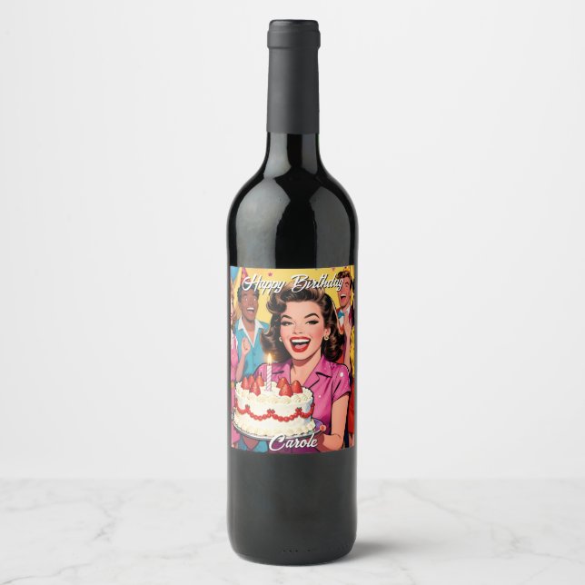 Happy Birthday | Personalized Retro Pop Art Wine Label (Front)