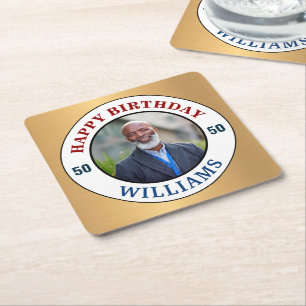 Happy Birthday Photo 50th Fifty Modern Personalize Square Paper Coaster