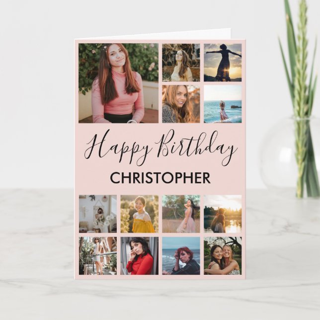 Happy Birthday Photo Collage 13 Photos Pink Black Card (Front)