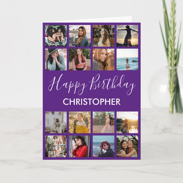 Happy Birthday Photo Collage 16 Photos Purple Card (Front)