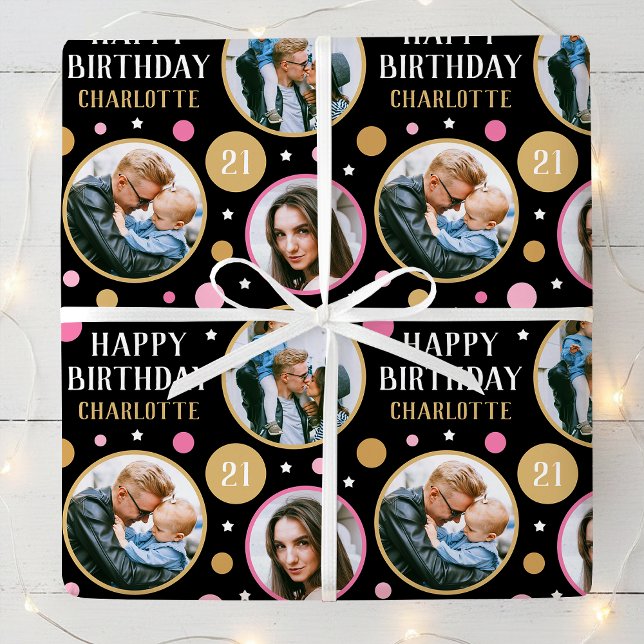 Happy Birthday Photo Collage Any Age 21st Pink Wrapping Paper (Creator Uploaded)