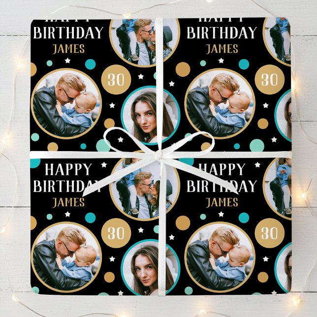 Happy Birthday Photo Collage Any Age 30th Teal Wrapping Paper (Creator Uploaded)