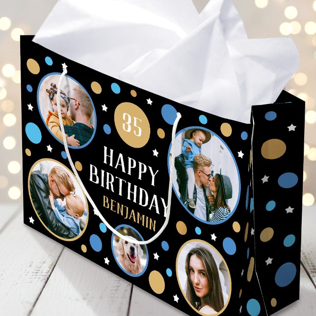 Happy Birthday Photo Collage Any Age 35th Blue Large Gift Bag (Creator Uploaded)