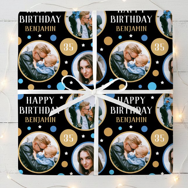 Happy Birthday Photo Collage Any Age 35th Blue Wrapping Paper (Creator Uploaded)