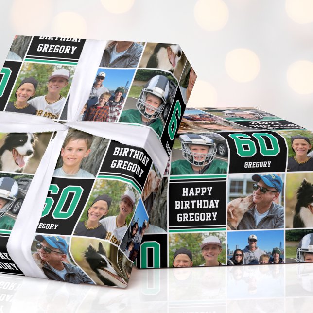 Happy Birthday Photo Collage Any Age Green Black Wrapping Paper (Creator Uploaded)