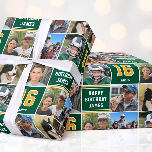 Happy Birthday Photo Collage Any Age Green Yellow Wrapping Paper (Creator Uploaded)