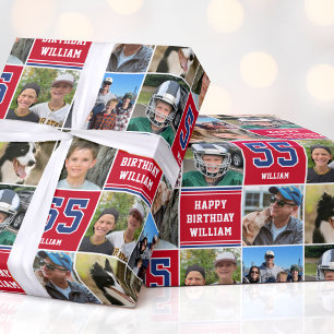 Happy Birthday Photo Collage Any Age Navy Crimson Wrapping Paper