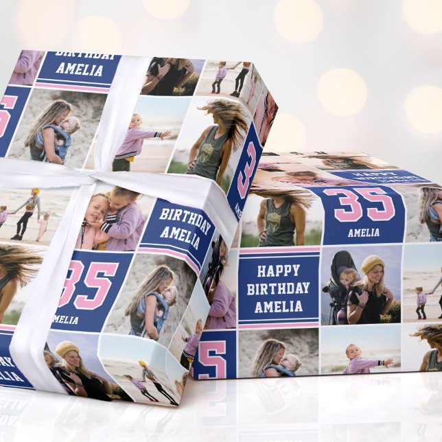Happy Birthday Photo Collage Any Age Navy Pink Wrapping Paper (Creator Uploaded)