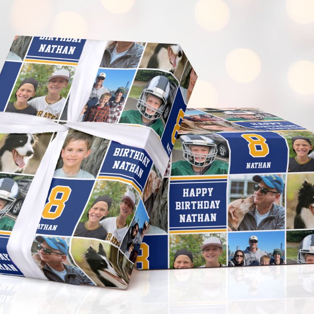 Happy Birthday Photo Collage Any Age Navy Yellow Wrapping Paper (Creator Uploaded)