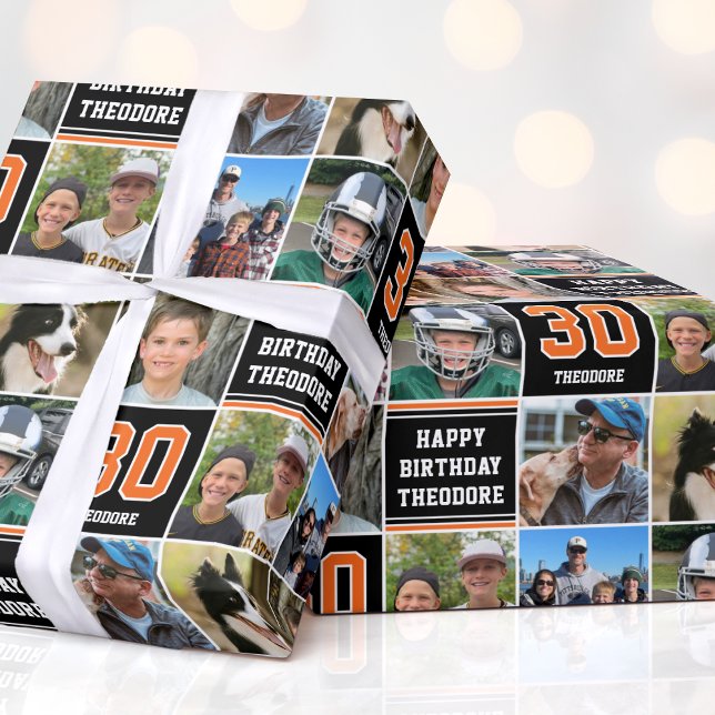 Happy Birthday Photo Collage Any Age Orange Black Wrapping Paper (Creator Uploaded)