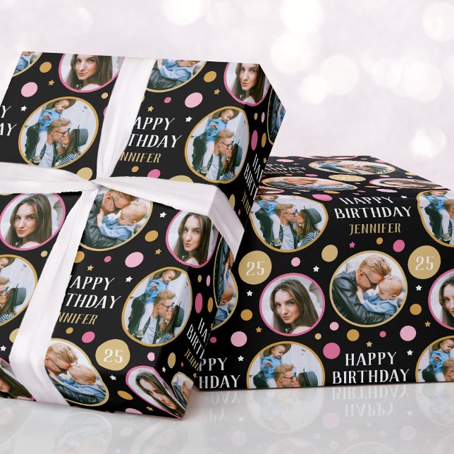 Happy Birthday Photo Collage Any Age Pink 25th Wrapping Paper (Creator Uploaded)