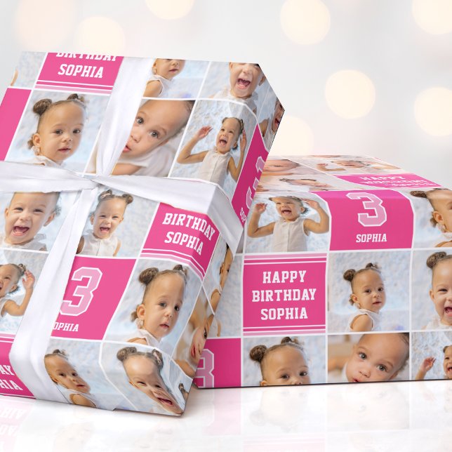 Happy Birthday Photo Collage Any Age Pink Cute Wrapping Paper (Creator Uploaded)