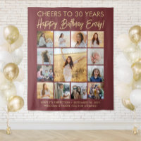 Happy Birthday Photo Collage Burgundy & Gold Party