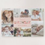 Happy Birthday Photo Collage & Floral Pattern Jigsaw Puzzle<br><div class="desc">Celebrate a loved one, friend, or family member's birthday celebration with our personalised happy birthday photo collage and floral pattern celebration photo jigsaw puzzle. The design features six photo layout to display your own special birthday memory photos. "Birthday" is designed with a beautiful floral pattern and customised with the recipient's...</div>