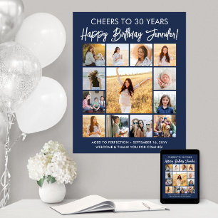 Happy Birthday Photo Collage Navy Blue and White Poster