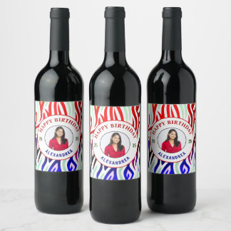 Happy Birthday Photo Colourful Stripes Personalise Wine Label