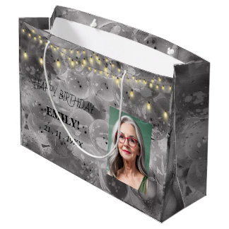 Happy Birthday photo Elegant Black pink Party Large Gift Bag